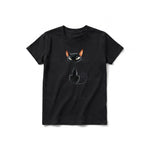 A black short-sleeve crewneck t-shirt for youth featuring a graphic of a cat on the front.