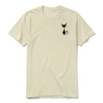 A latte short-sleeve crewneck t-shirt for adult featuring a graphic of a cat on the left chest.