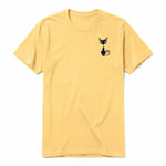 A mustard short-sleeve crewneck t-shirt for adult featuring a graphic of a cat on the left chest.