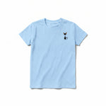 A powder short-sleeve crewneck t-shirt for youth featuring a graphic of a cat on the left chest.