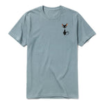 A sage short-sleeve crewneck t-shirt for adult featuring a graphic of a cat on the left chest.