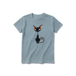 A sage short-sleeve crewneck t-shirt for youth featuring a graphic of a cat on the front.