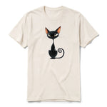 A vintage-white short-sleeve crewneck t-shirt for adult featuring a graphic of a cat on the front.
