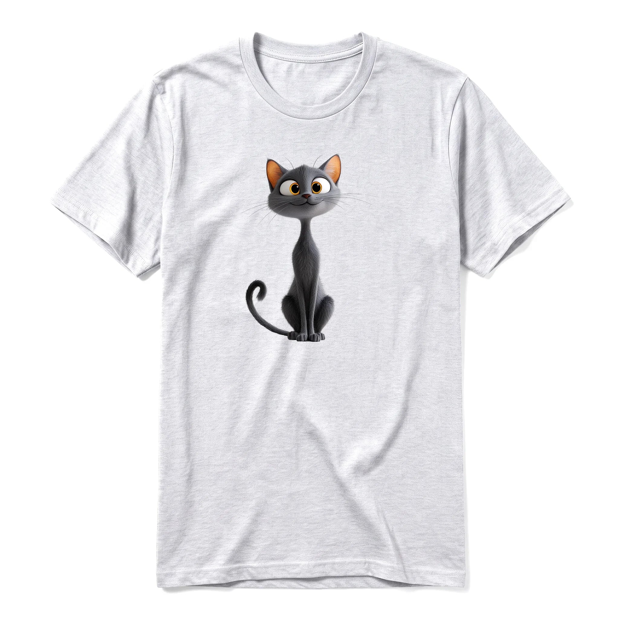 A ash grey short-sleeve crewneck t-shirt for adult featuring a graphic of a cat on the front.