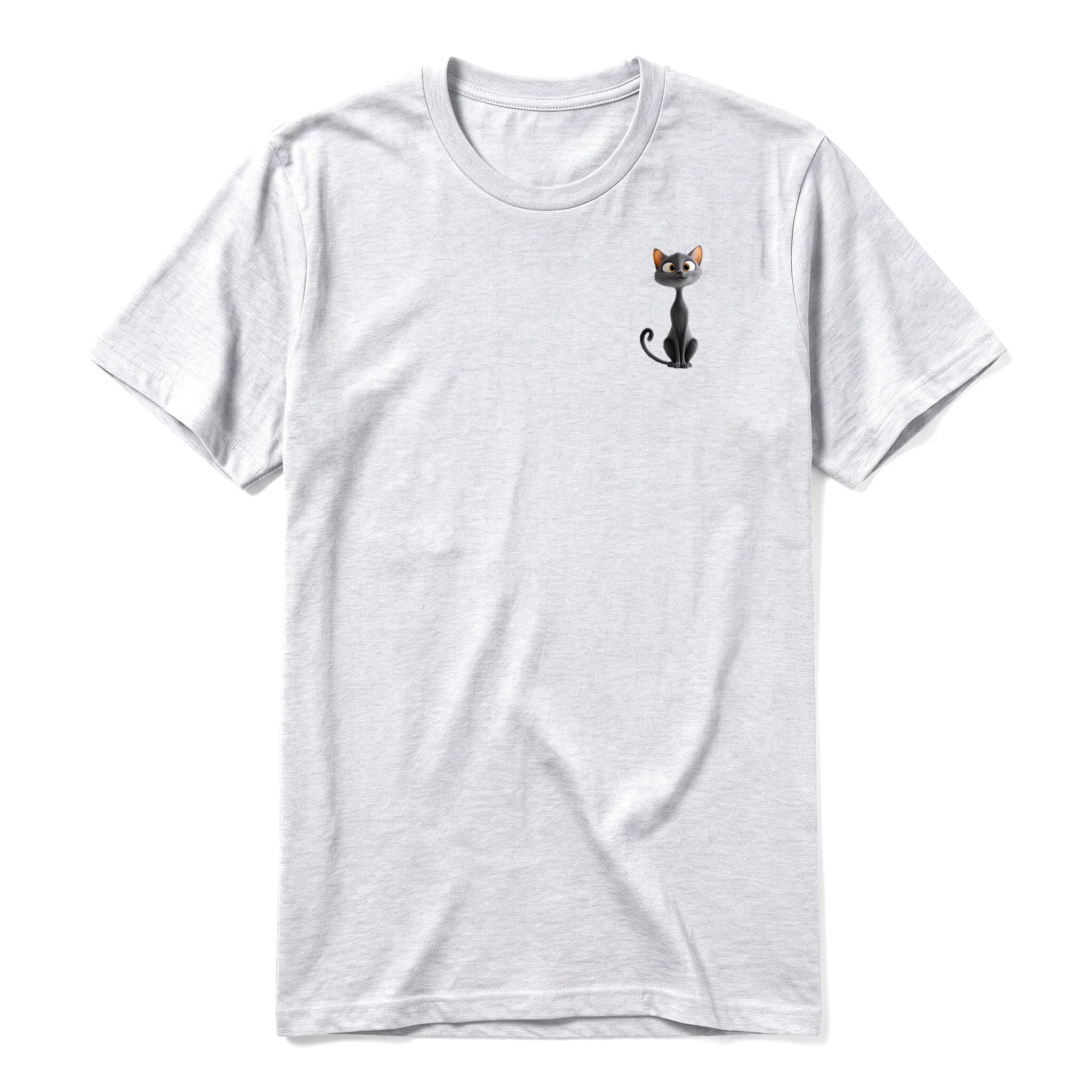 A ash grey short-sleeve crewneck t-shirt for adult featuring a graphic of a cat on the left chest.