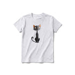 A ash grey short-sleeve crewneck t-shirt for youth featuring a graphic of a cat on the front.
