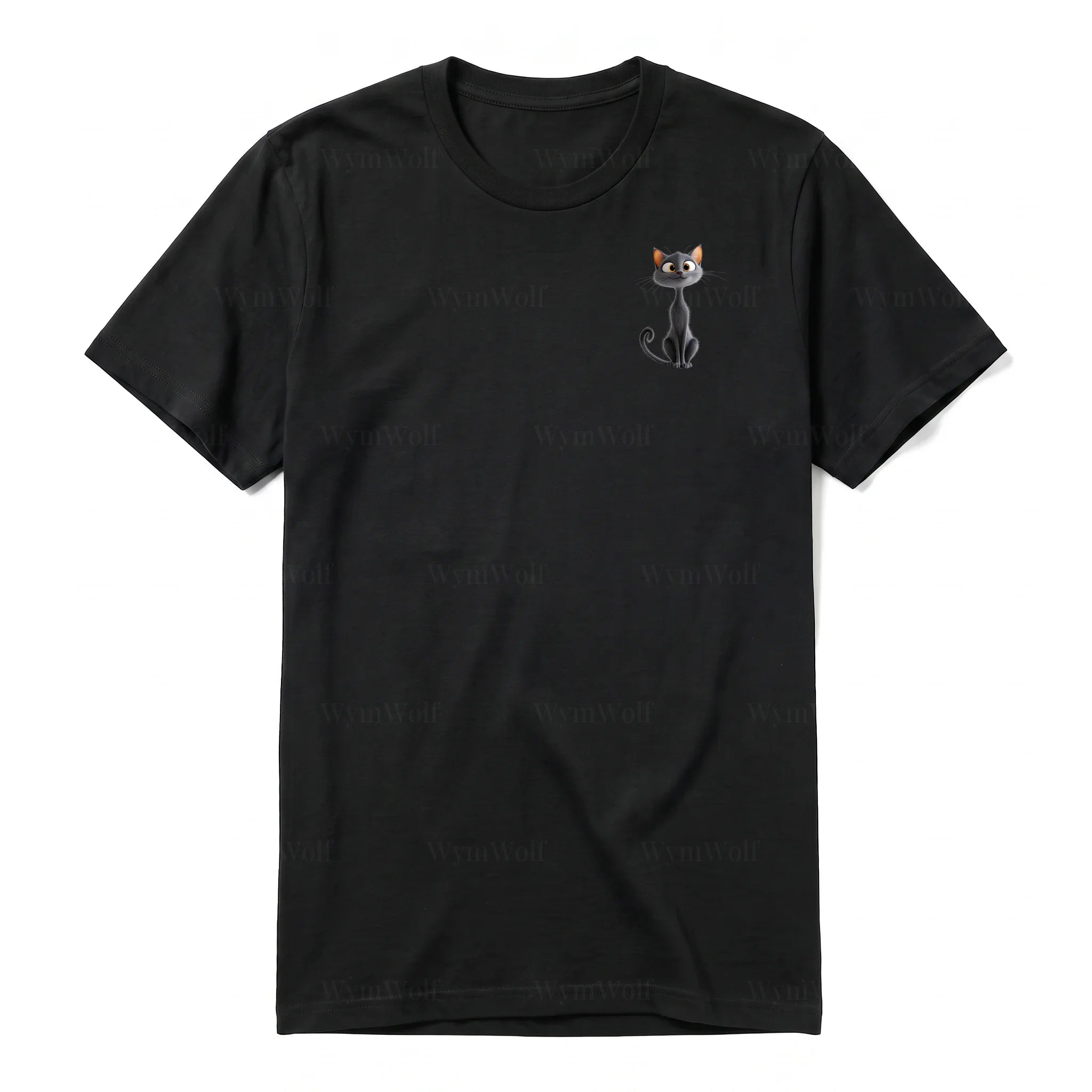 A black short-sleeve crewneck t-shirt for adult featuring a graphic of a cat on the left chest.