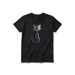 A black short-sleeve crewneck t-shirt for youth featuring a graphic of a cat on the front.