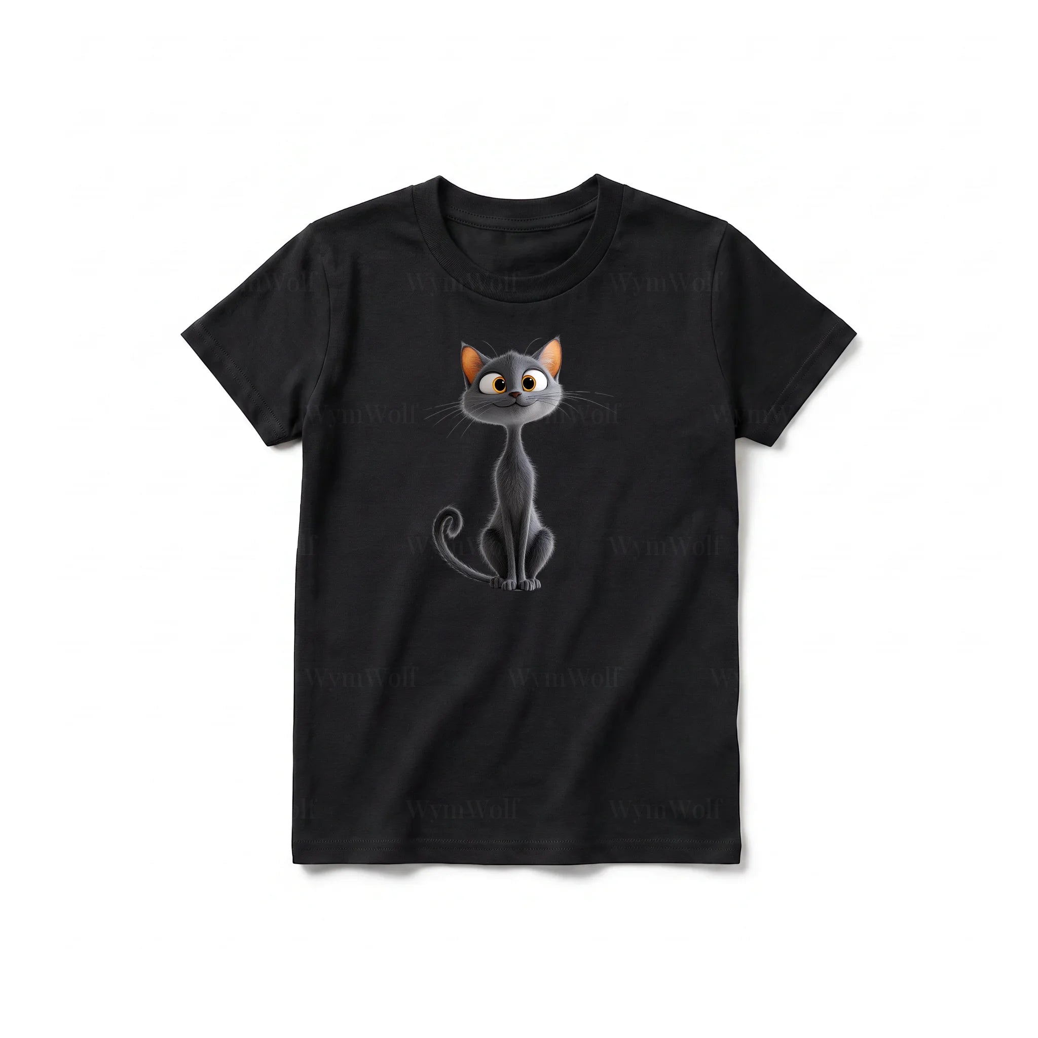 A black short-sleeve crewneck t-shirt for youth featuring a graphic of a cat on the front.