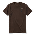 A chocolate short-sleeve crewneck t-shirt for adult featuring a graphic of a cat on the left chest.