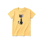 A mustard short-sleeve crewneck t-shirt for youth featuring a graphic of a cat on the front.