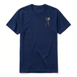 A navy short-sleeve crewneck t-shirt for adult featuring a graphic of a cat on the left chest.