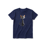 A navy short-sleeve crewneck t-shirt for youth featuring a graphic of a cat on the front.