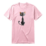 A pink short-sleeve crewneck t-shirt for adult featuring a graphic of a cat on the front.