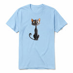A powder short-sleeve crewneck t-shirt for adult featuring a graphic of a cat on the front.