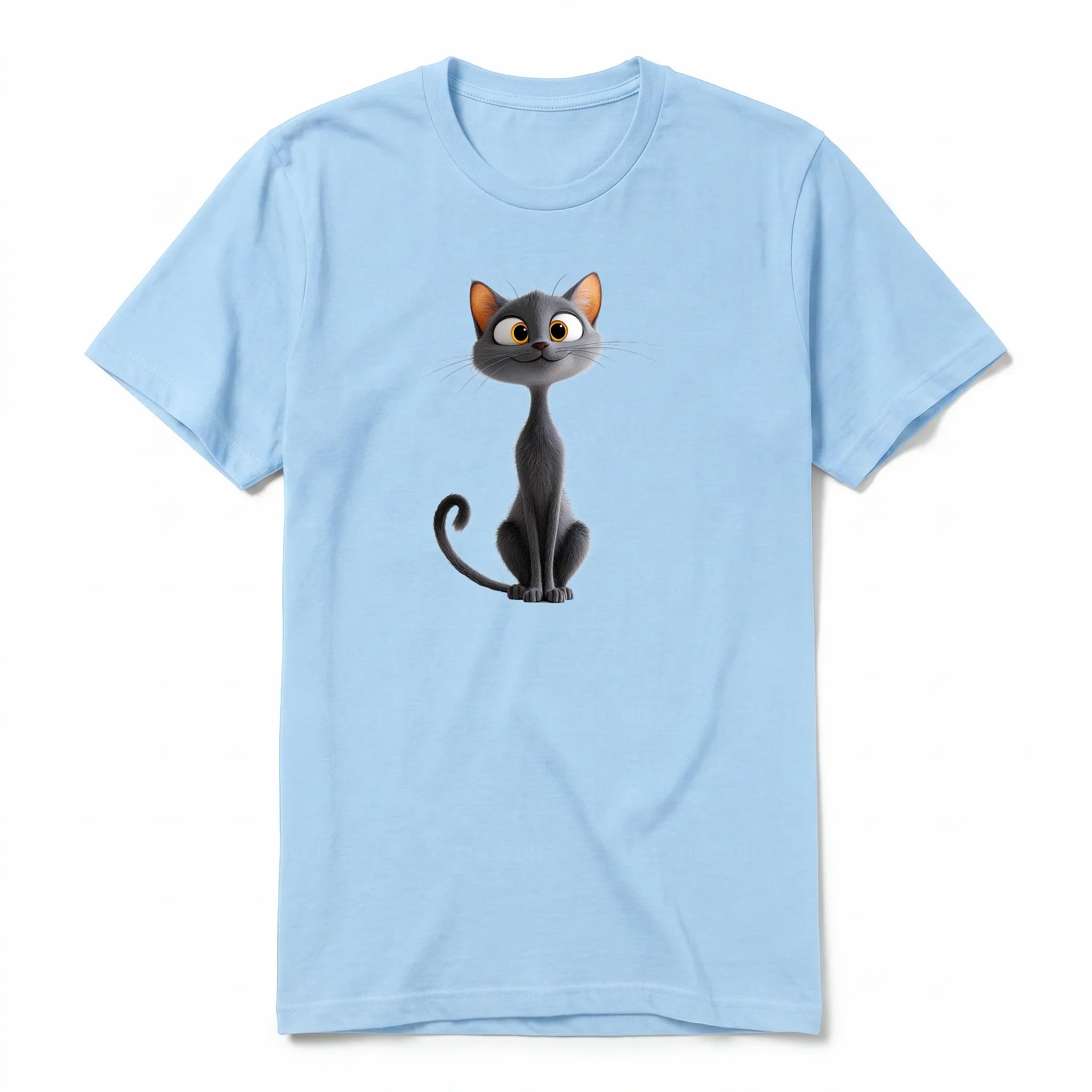 A powder short-sleeve crewneck t-shirt for adult featuring a graphic of a cat on the front.