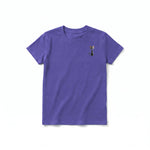 A purple short-sleeve crewneck t-shirt for youth featuring a graphic of a cat on the left chest.