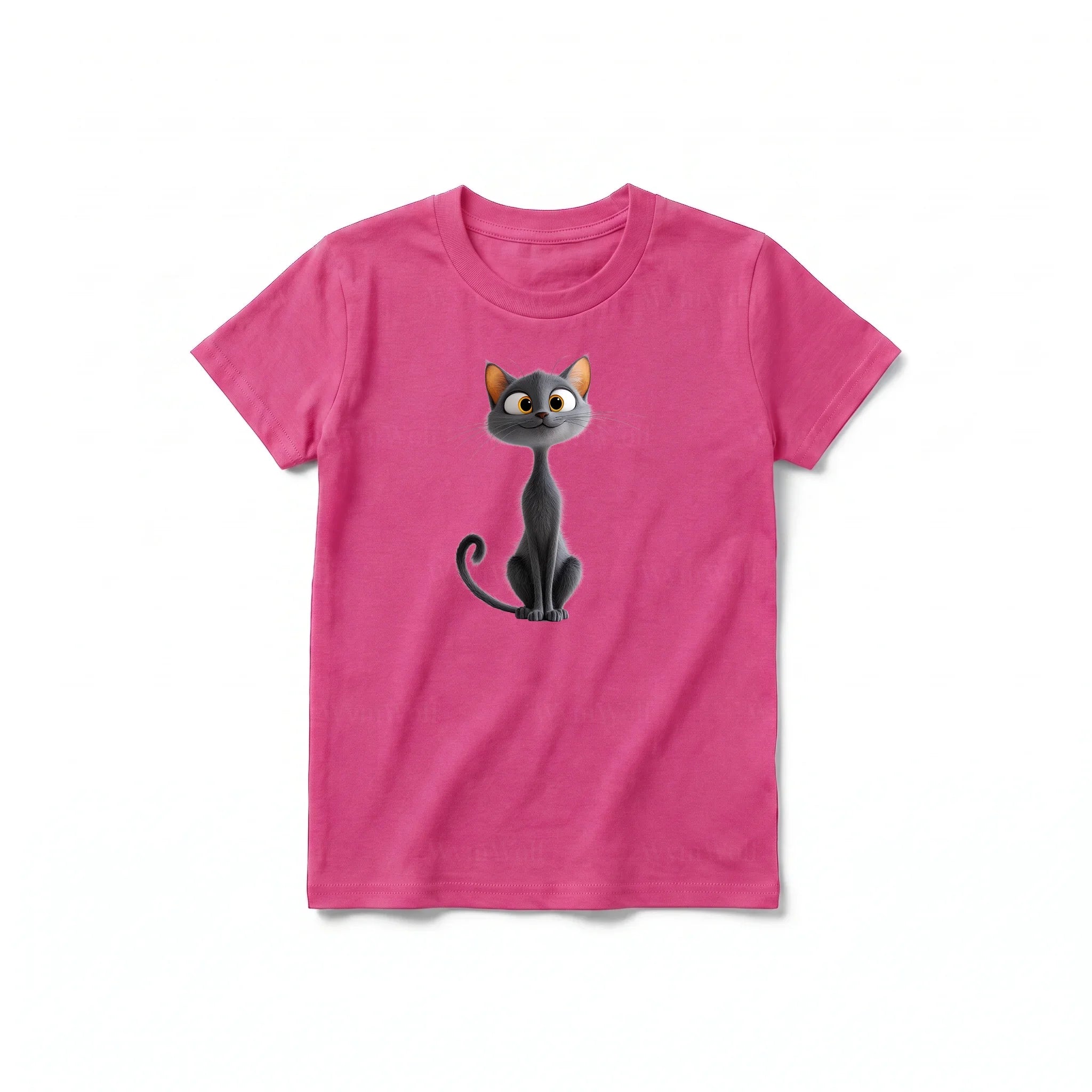 A raspberry short-sleeve crewneck t-shirt for youth featuring a graphic of a cat on the front.