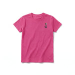 A raspberry short-sleeve crewneck t-shirt for youth featuring a graphic of a cat on the left chest.