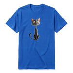 A royal short-sleeve crewneck t-shirt for adult featuring a graphic of a cat on the front.