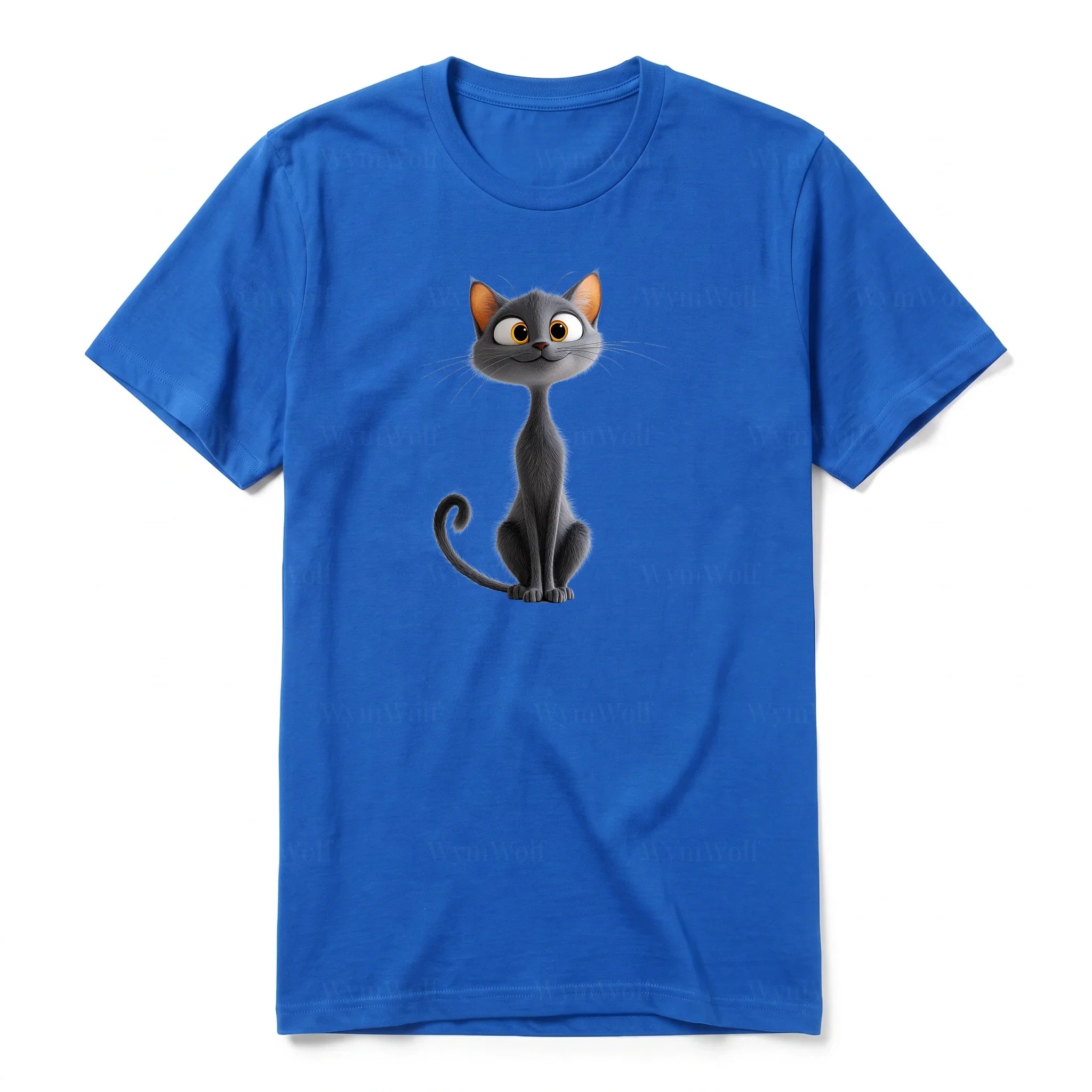 A royal short-sleeve crewneck t-shirt for adult featuring a graphic of a cat on the front.