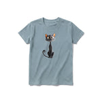 A sage short-sleeve crewneck t-shirt for youth featuring a graphic of a cat on the front.