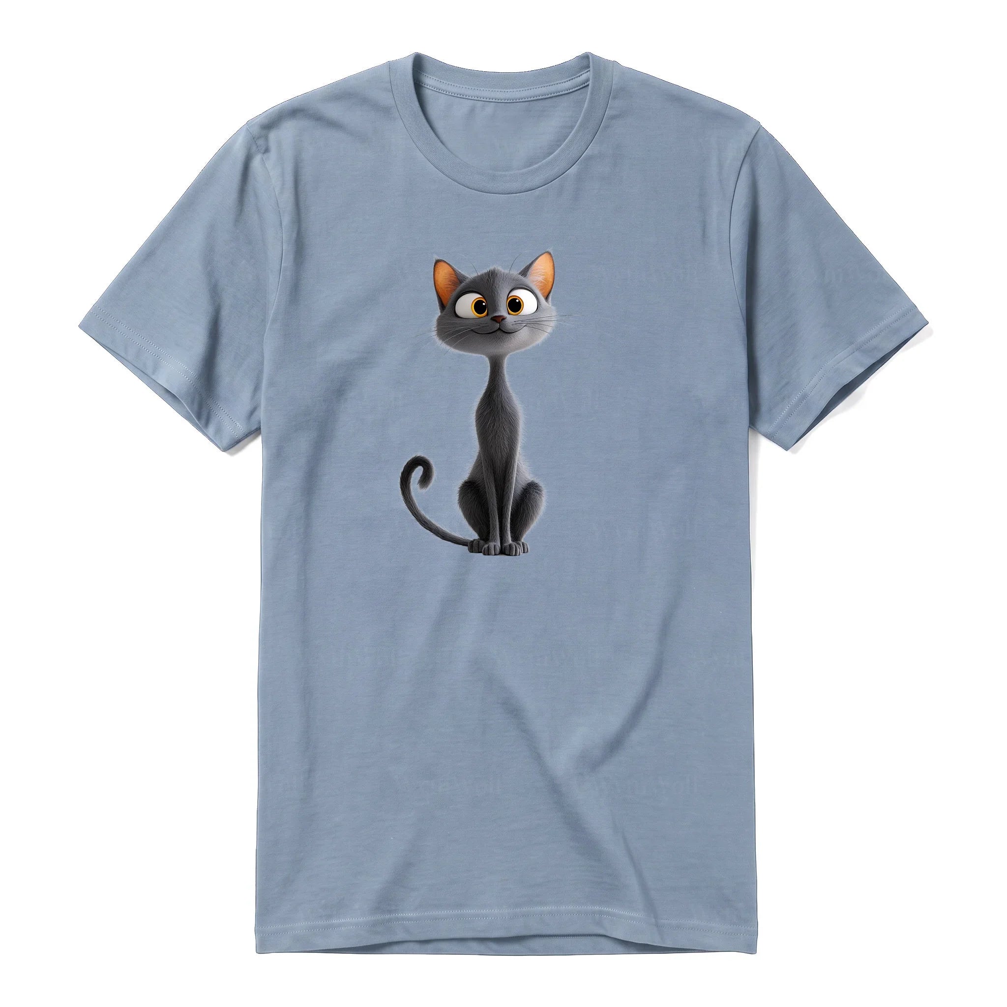 A steel-blue short-sleeve crewneck t-shirt for adult featuring a graphic of a cat on the front.