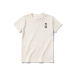 A vintage-white short-sleeve crewneck t-shirt for youth featuring a graphic of a cat on the left chest.