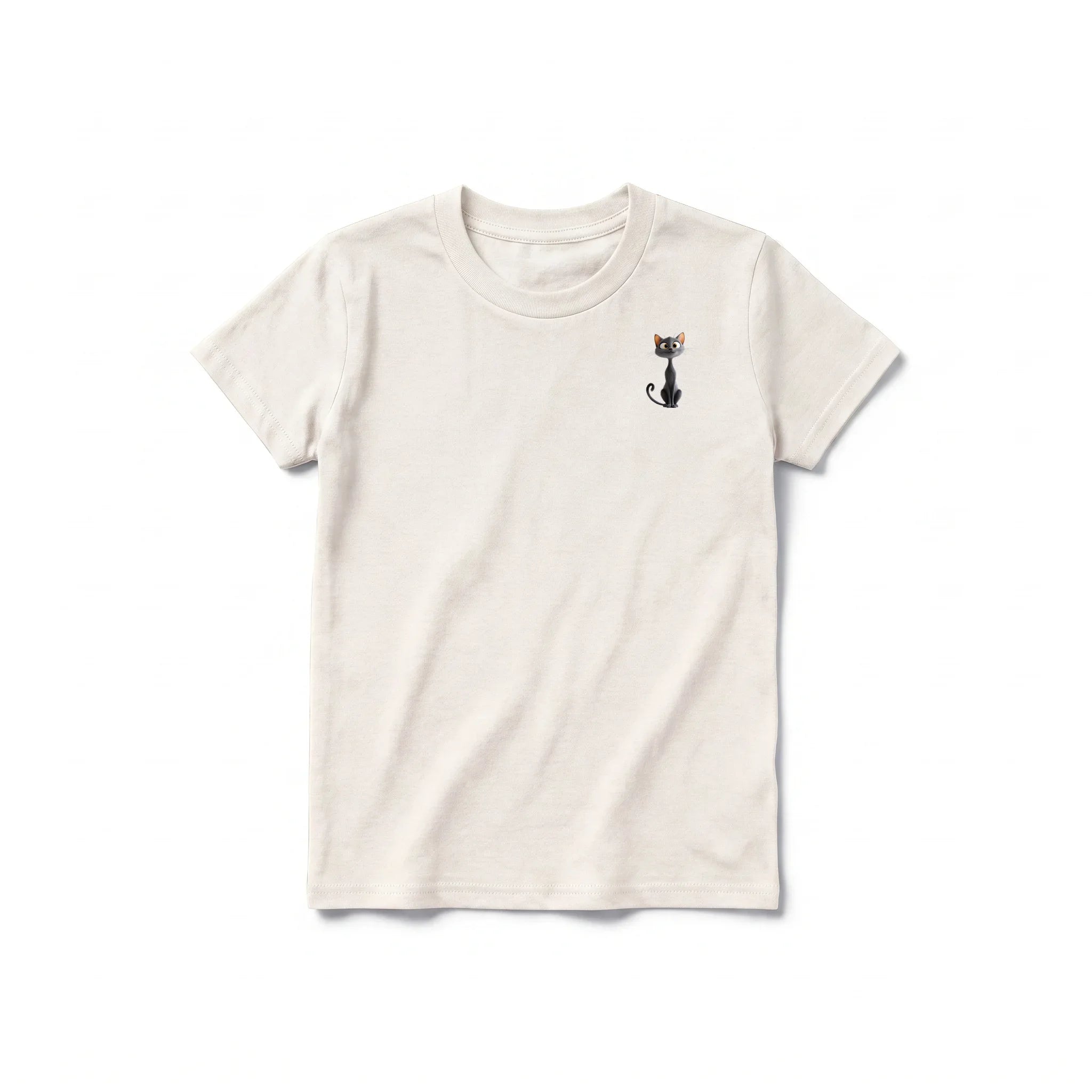 A vintage-white short-sleeve crewneck t-shirt for youth featuring a graphic of a cat on the left chest.