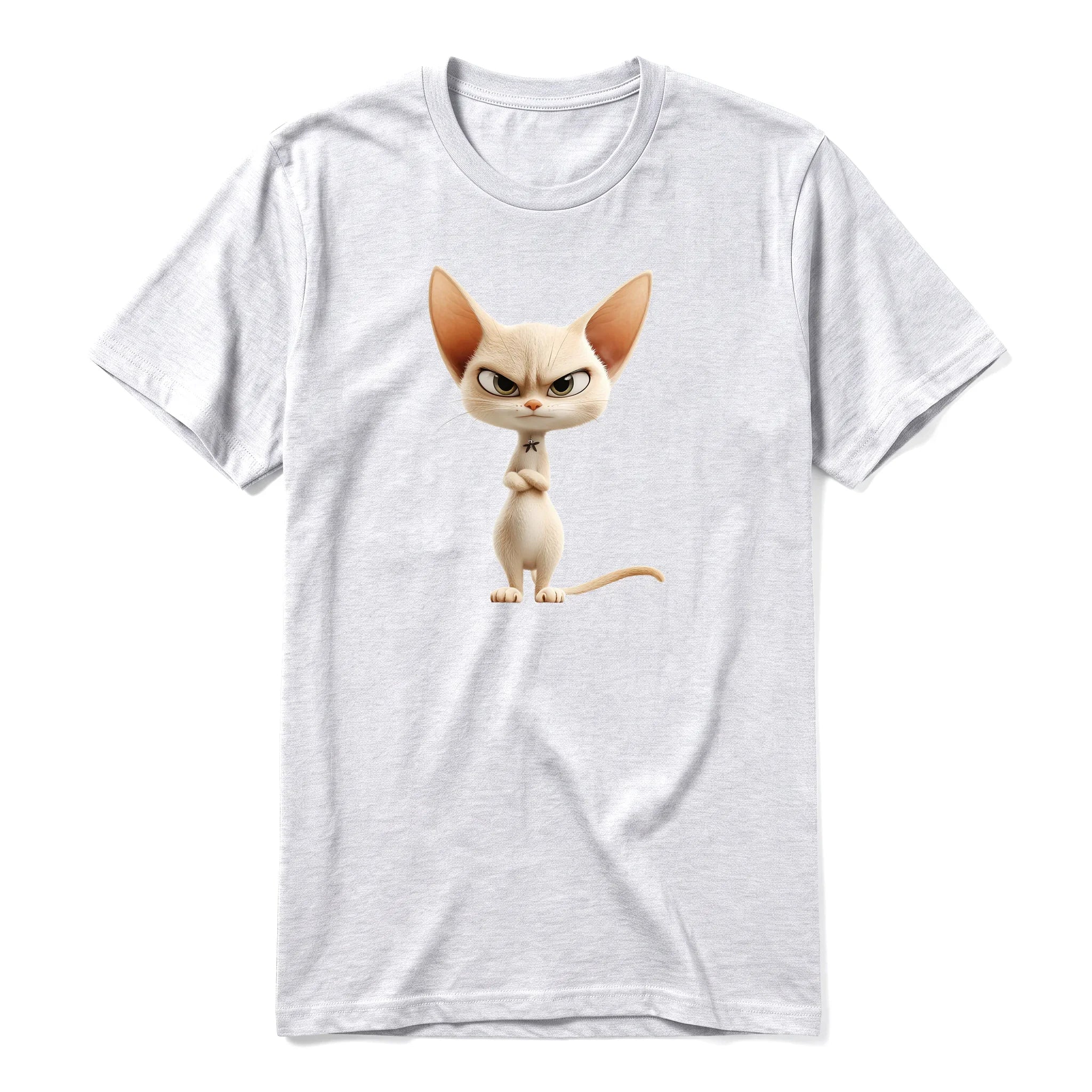 A ash grey short-sleeve crewneck t-shirt for adult featuring a graphic of a cat on the front.