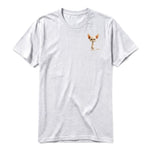 A ash grey short-sleeve crewneck t-shirt for adult featuring a graphic of a cat on the left chest.