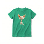 A kelly short-sleeve crewneck t-shirt for youth featuring a graphic of a cat on the front.