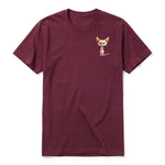 A maroon short-sleeve crewneck t-shirt for adult featuring a graphic of a cat on the left chest.