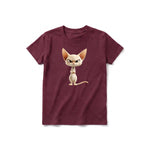 A maroon short-sleeve crewneck t-shirt for youth featuring a graphic of a cat on the front.