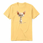 A mustard short-sleeve crewneck t-shirt for adult featuring a graphic of a cat on the front.