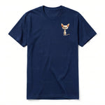 A navy short-sleeve crewneck t-shirt for adult featuring a graphic of a cat on the left chest.