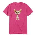 A raspberry short-sleeve crewneck t-shirt for adult featuring a graphic of a cat on the front.