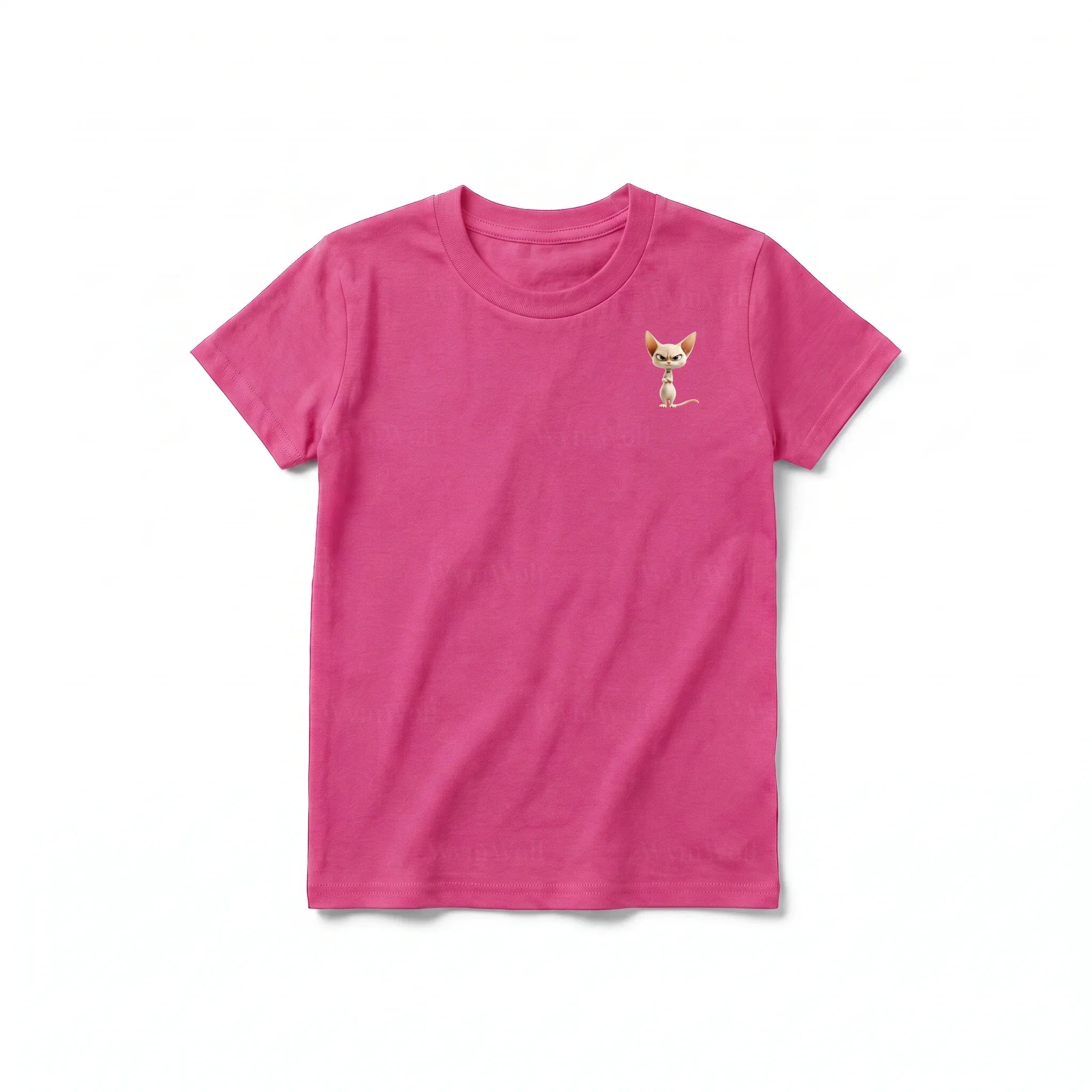 A raspberry short-sleeve crewneck t-shirt for youth featuring a graphic of a cat on the left chest.