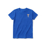 A royal short-sleeve crewneck t-shirt for youth featuring a graphic of a cat on the left chest.
