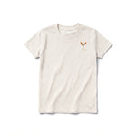 A vintage-white short-sleeve crewneck t-shirt for youth featuring a graphic of a cat on the left chest.