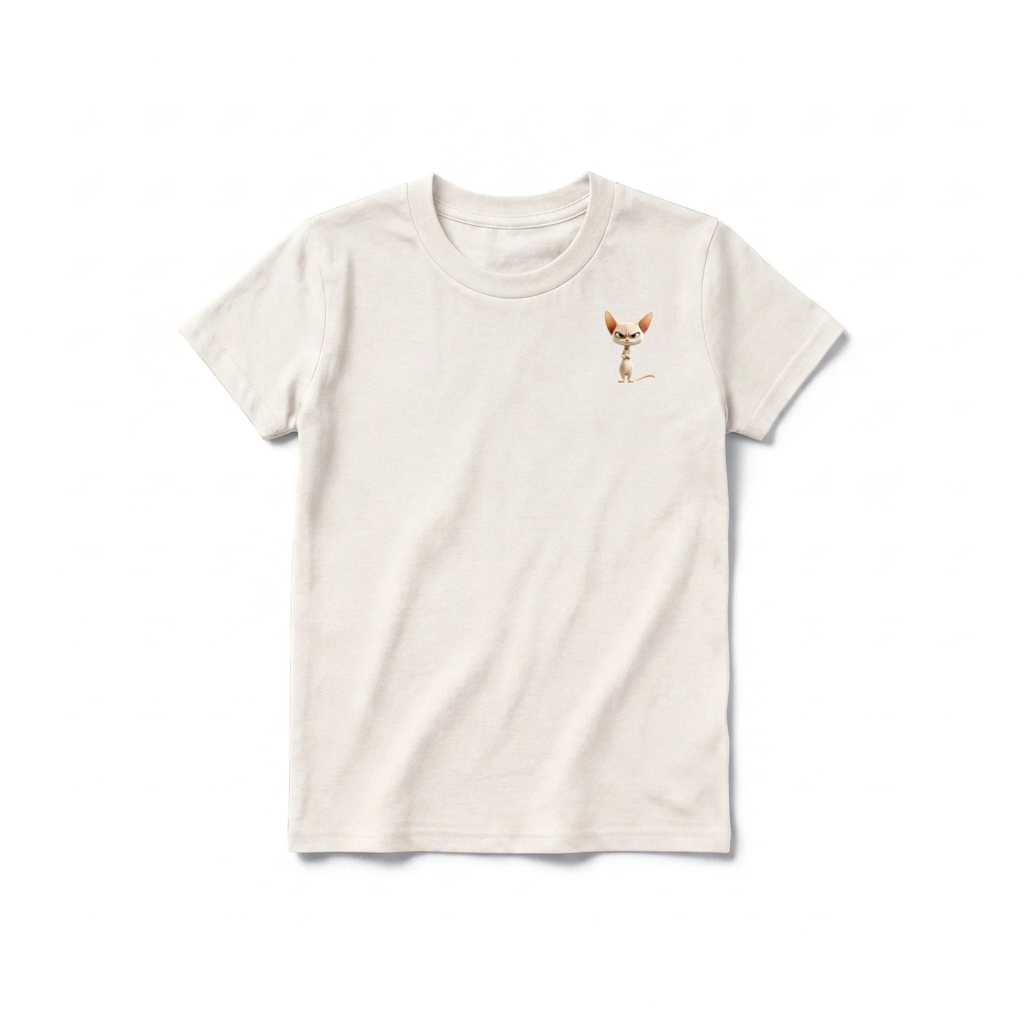A vintage-white short-sleeve crewneck t-shirt for youth featuring a graphic of a cat on the left chest.