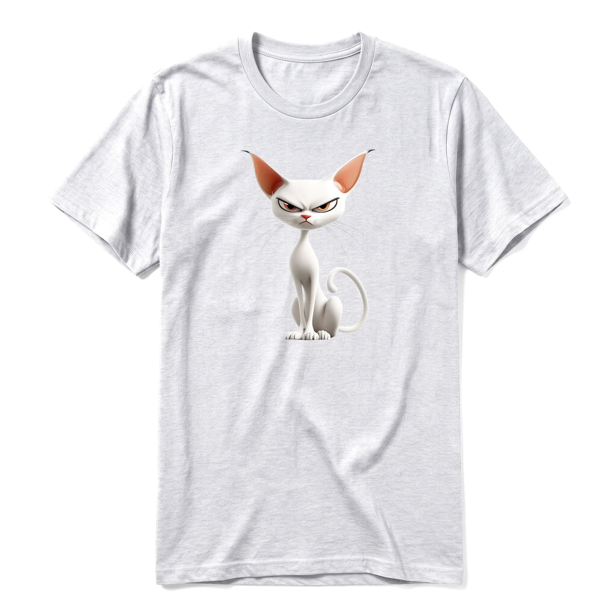 A ash grey short-sleeve crewneck t-shirt for adult featuring a graphic of a cat on the front.