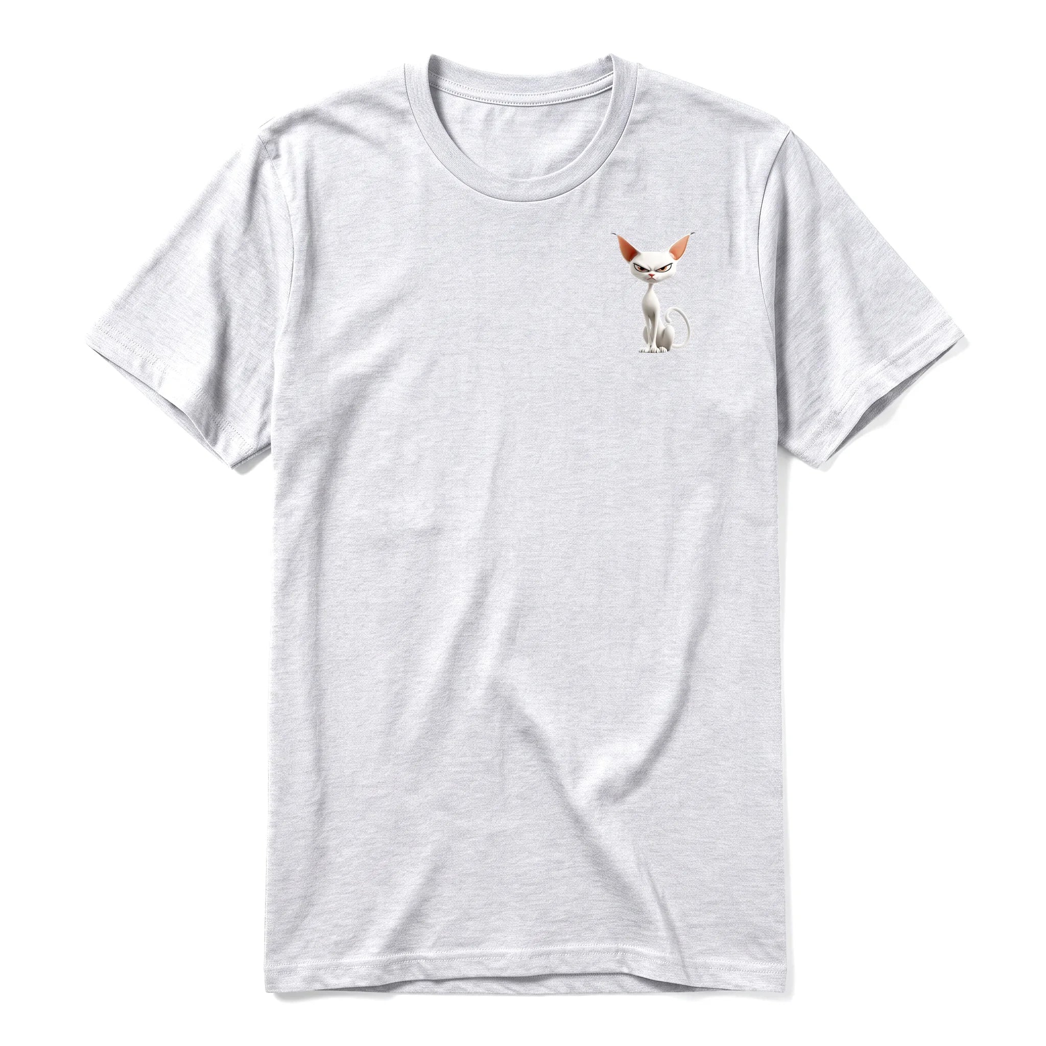 A ash grey short-sleeve crewneck t-shirt for adult featuring a graphic of a cat on the left chest.