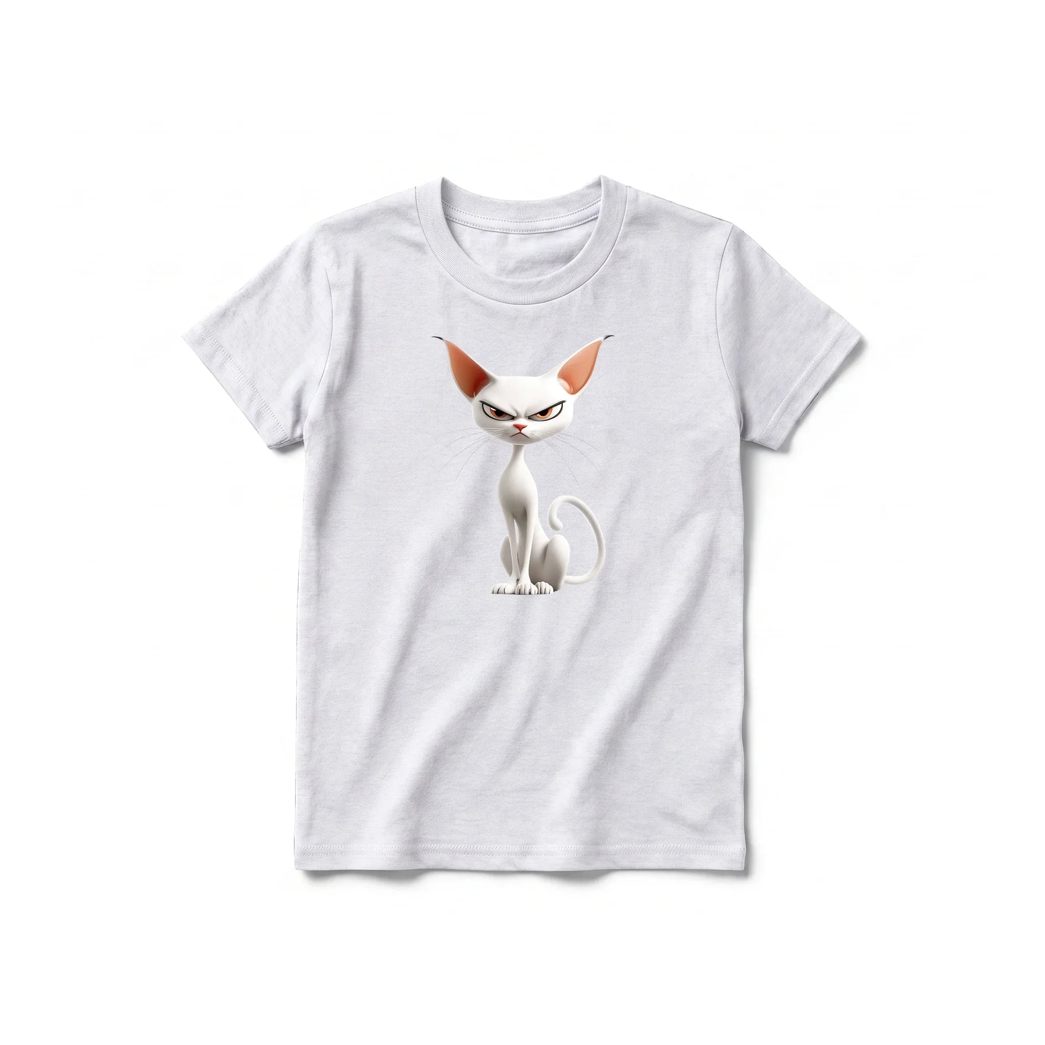 A ash grey short-sleeve crewneck t-shirt for youth featuring a graphic of a cat on the front.