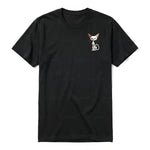 A black short-sleeve crewneck t-shirt for adult featuring a graphic of a cat on the left chest.