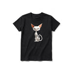 A black short-sleeve crewneck t-shirt for youth featuring a graphic of a cat on the front.