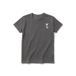 A charcoal short-sleeve crewneck t-shirt for youth featuring a graphic of a cat on the left chest.