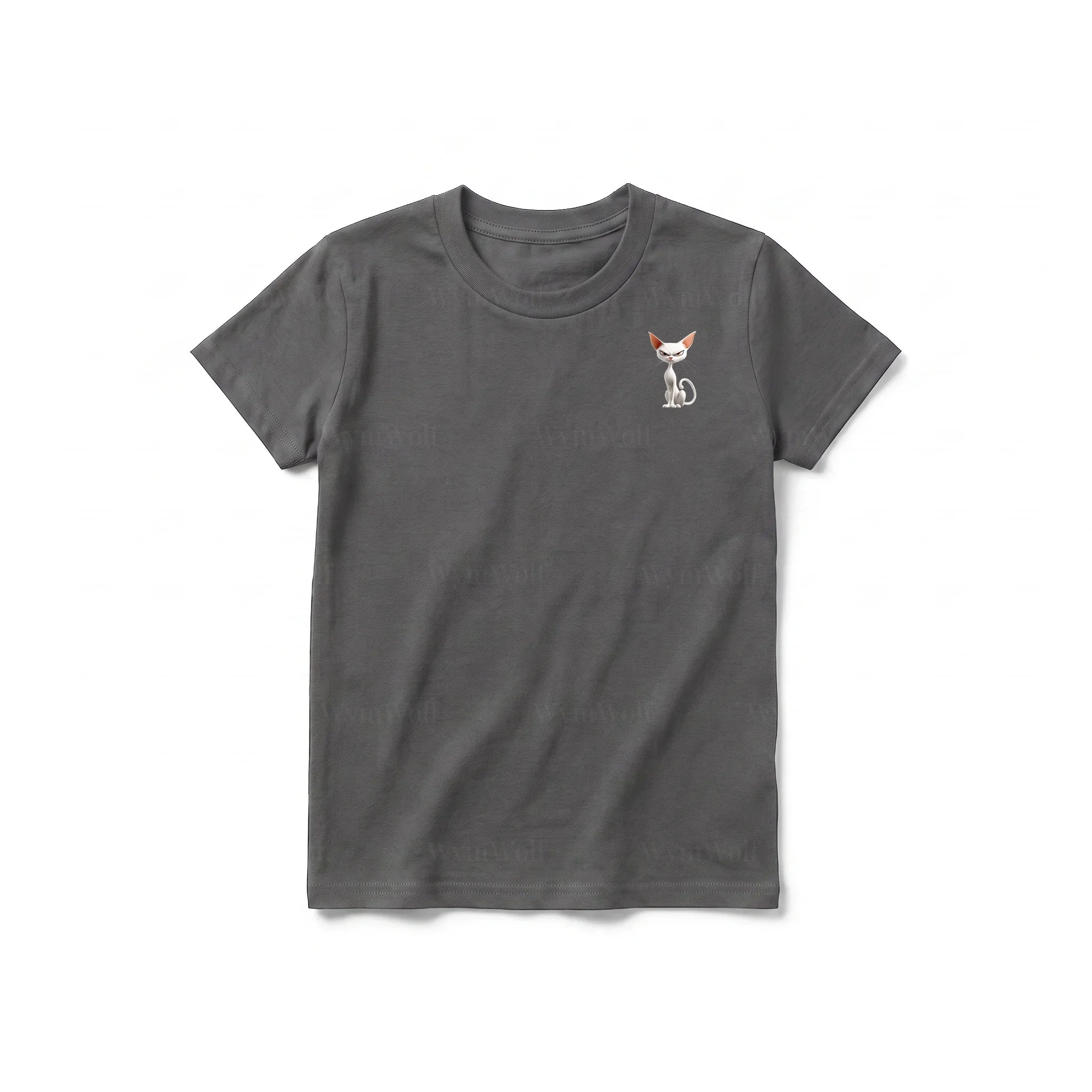 A charcoal short-sleeve crewneck t-shirt for youth featuring a graphic of a cat on the left chest.