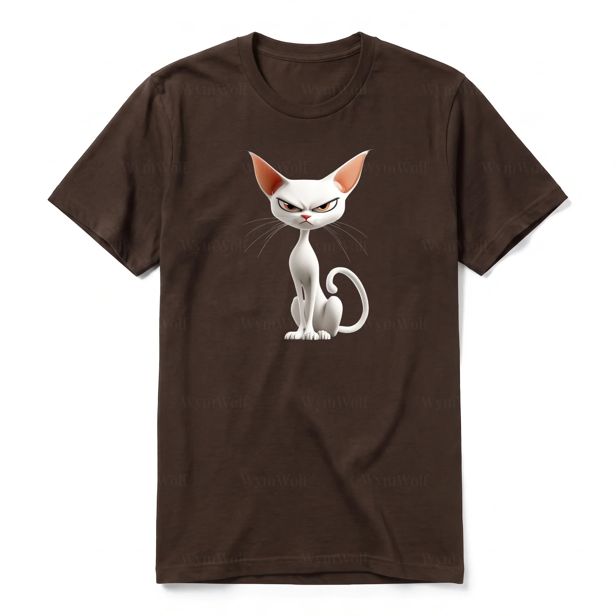 A chocolate short-sleeve crewneck t-shirt for adult featuring a graphic of a cat on the front.