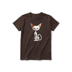 A chocolate short-sleeve crewneck t-shirt for youth featuring a graphic of a cat on the front.